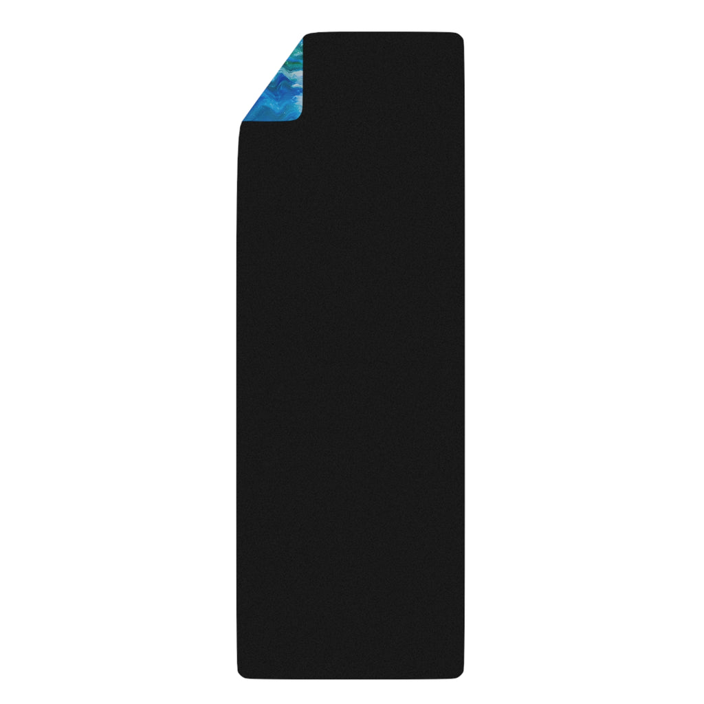 Black yoga mat with a colorful corner on a white background