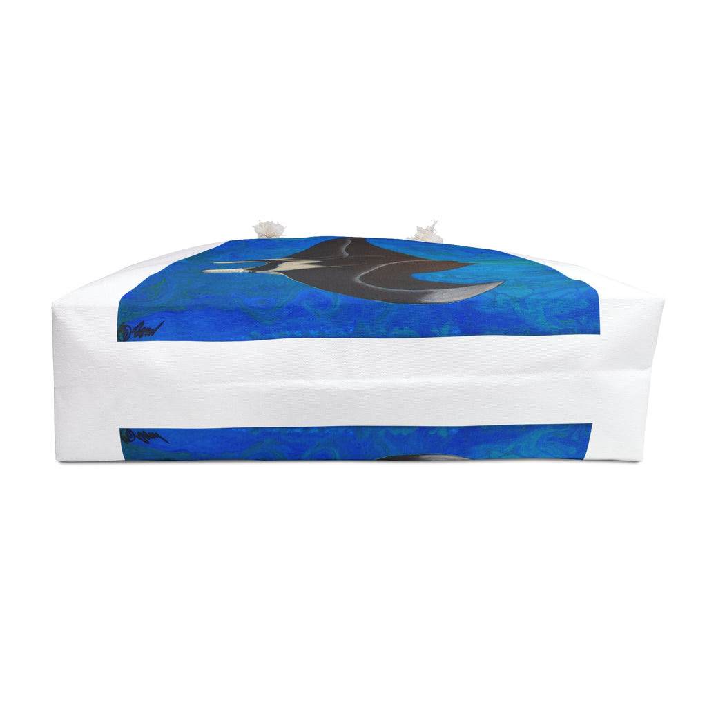 bottom of bag with blue and white design on a white background