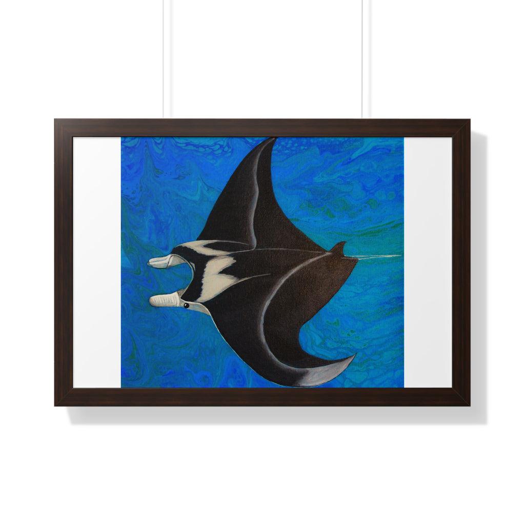 Framed artwork of a manta ray on a blue background