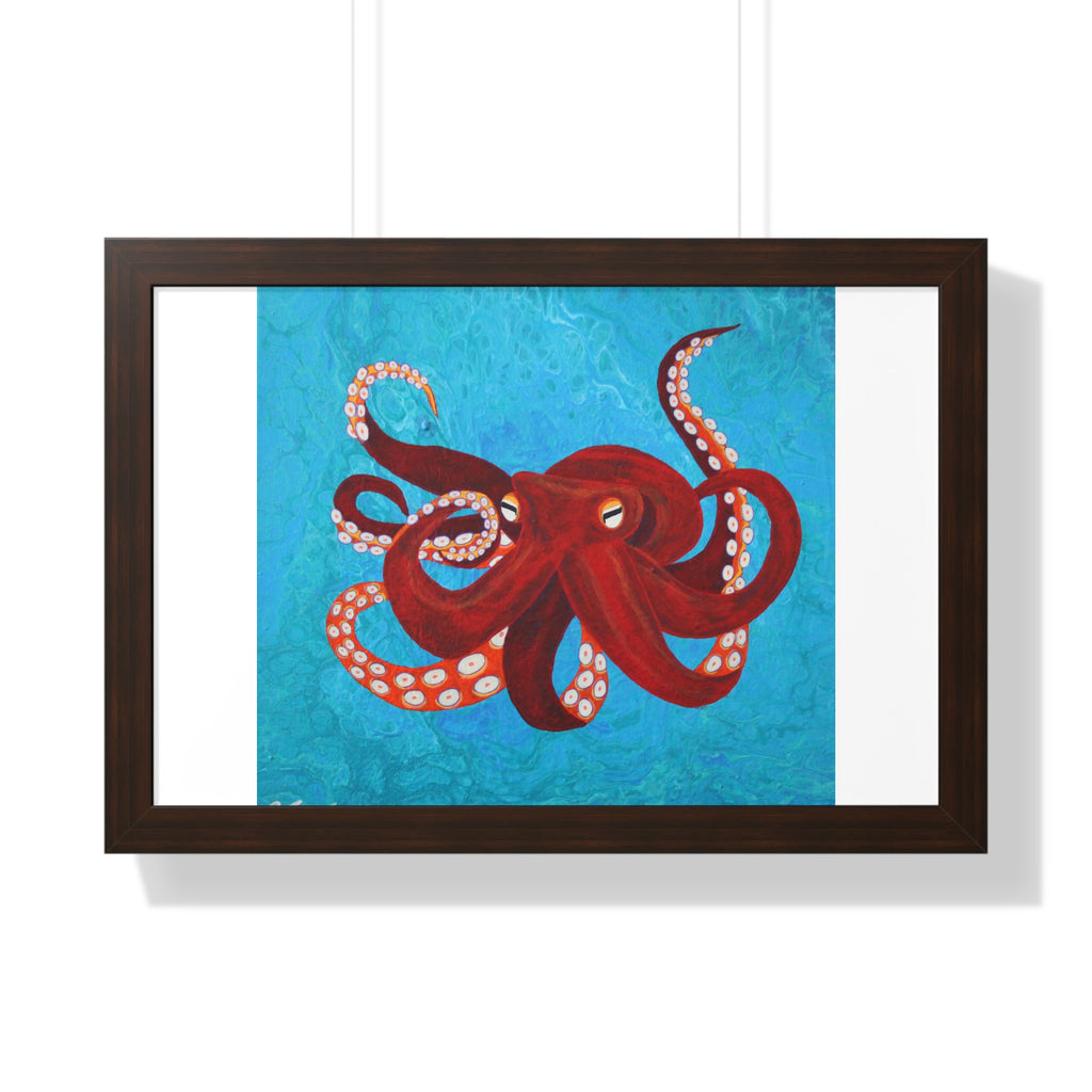 Framed artwork of a red octopus on a blue background