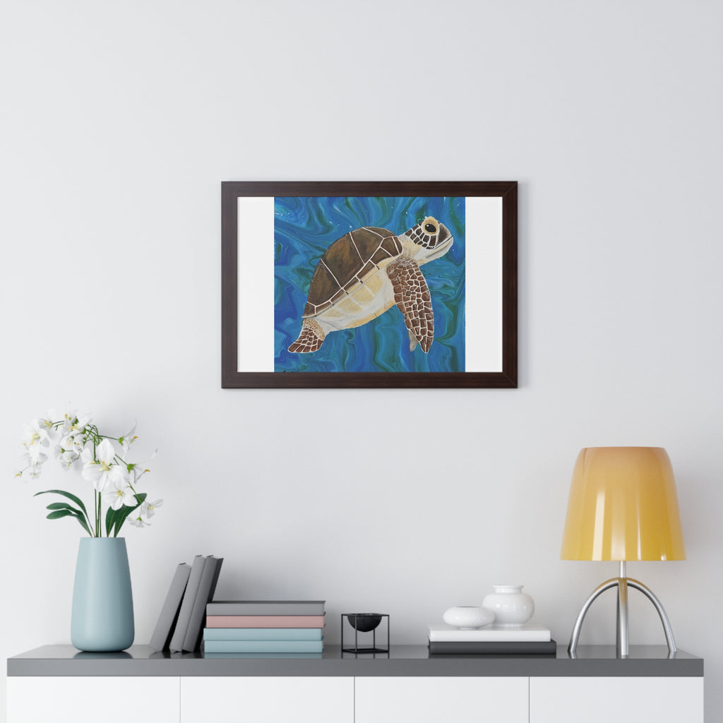 Framed artwork of a turtle on a wall above a shelf with decor items.