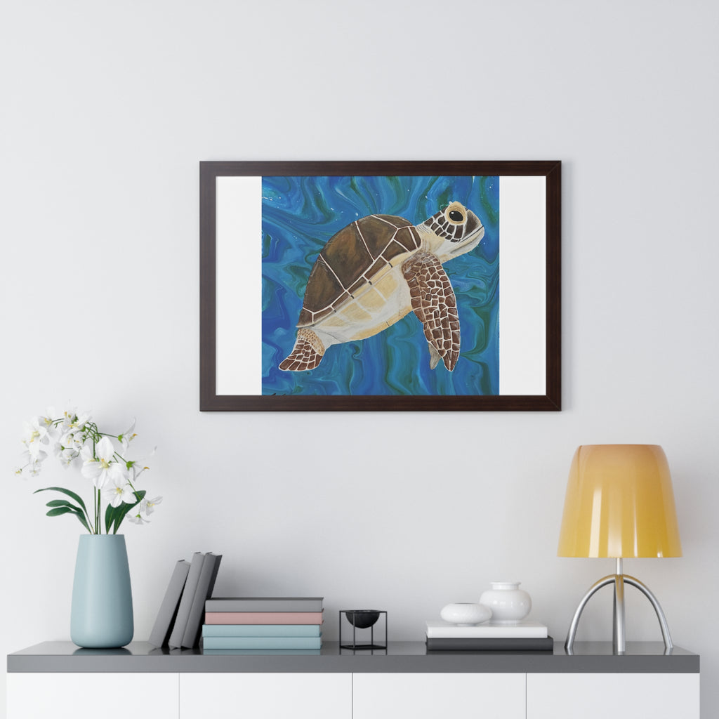 Framed artwork of a turtle on a wall above a shelf with decor items.