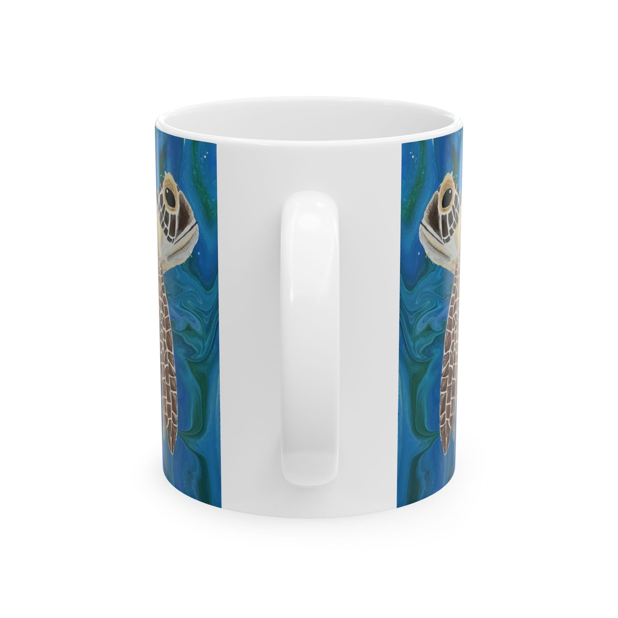 White mug with blue abstract designs on a white background
