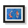 Framed artwork of two koi fish on a blue background