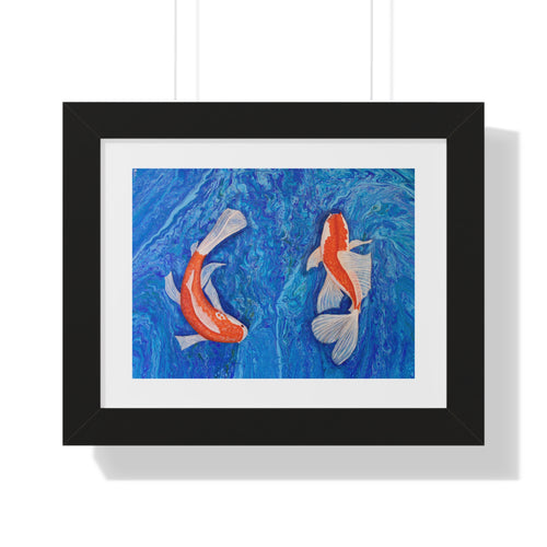 Framed artwork of two koi fish on a blue background