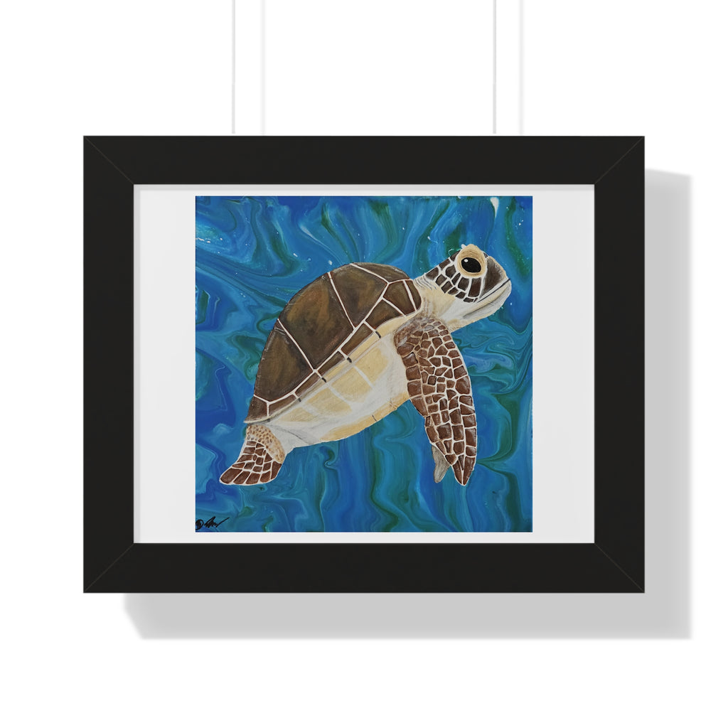 Framed artwork of a turtle swimming in water