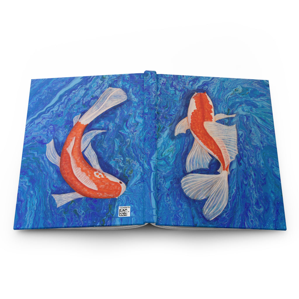 Open book with illustrations of two koi fish on a blue abstract background