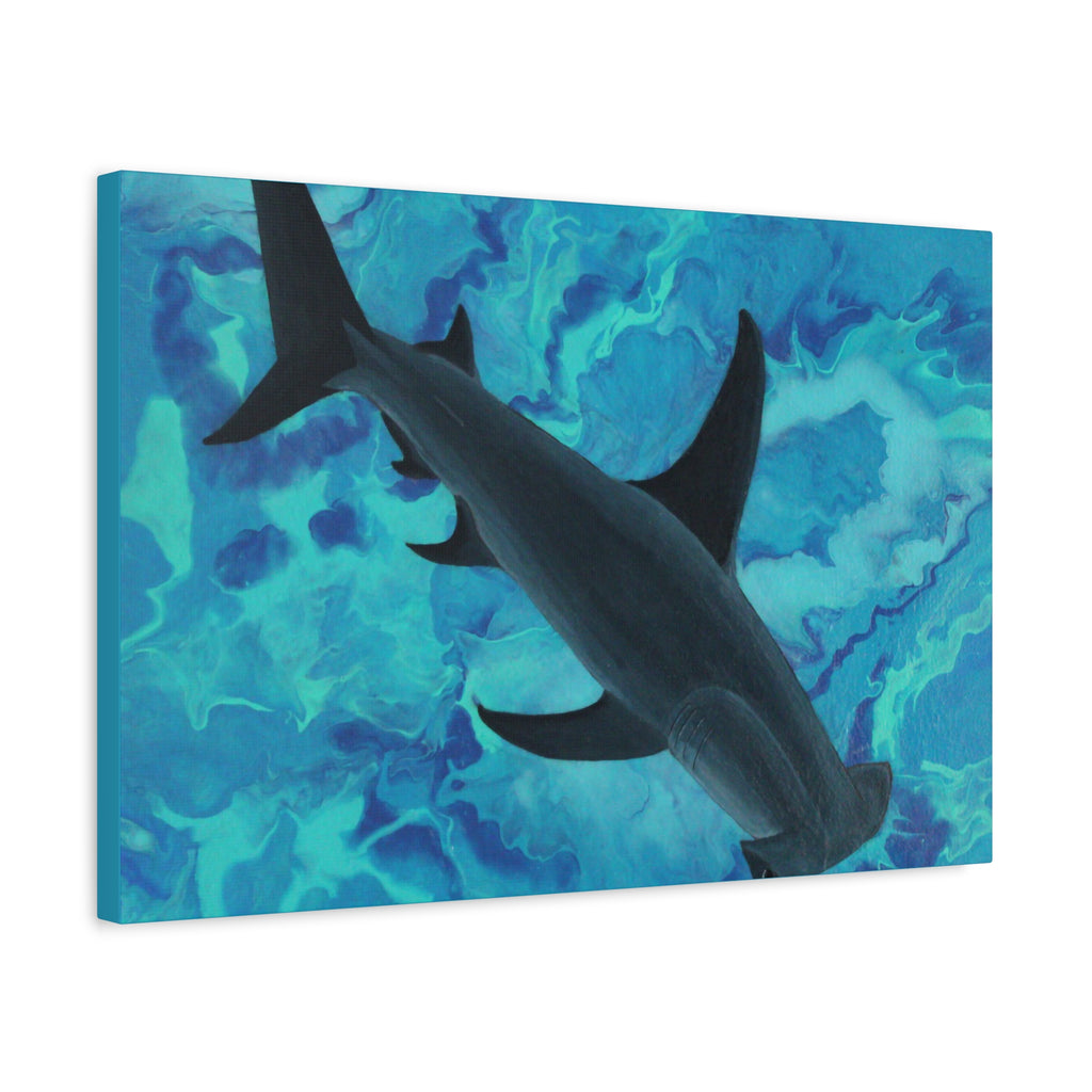 Canvas print of shark swimming against a blue and green abstract watercolor background
