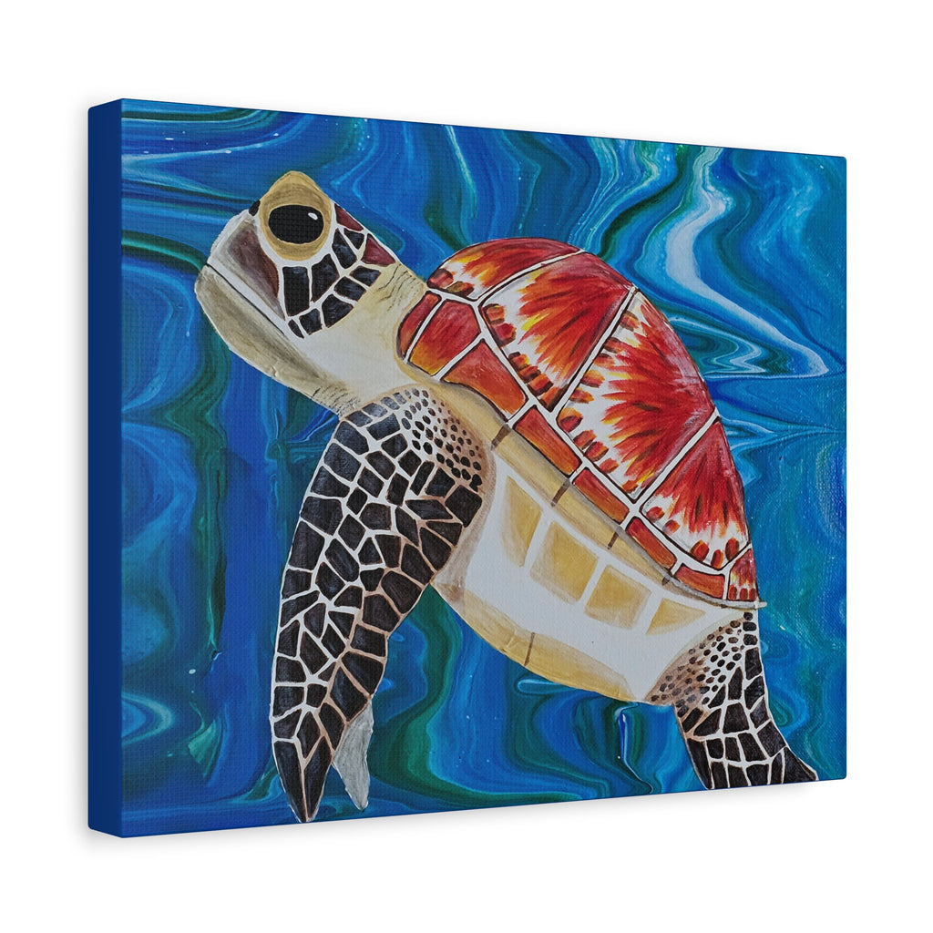 Canvas print of a turtle with a colorful shell against a blue wave background