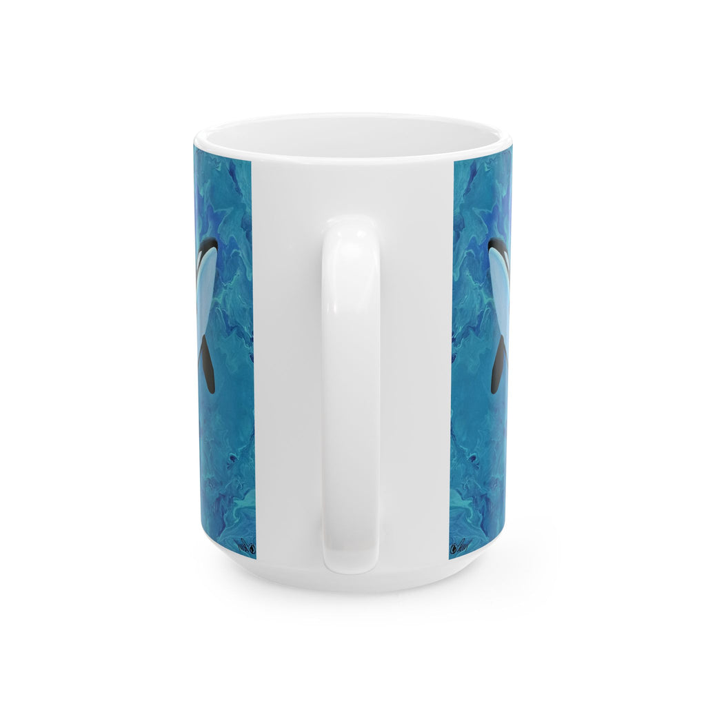 White mug with blue abstract design on a white background