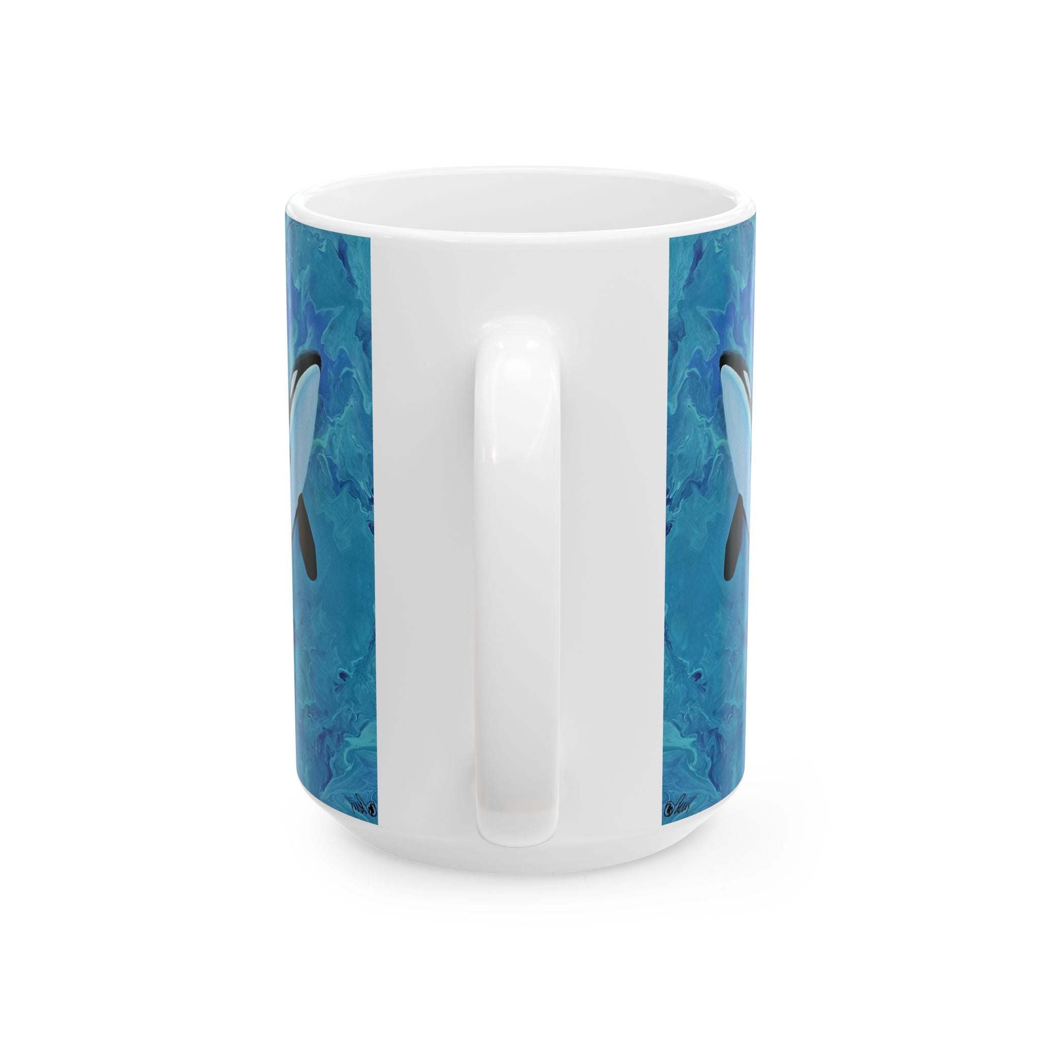 White mug with blue abstract design on a white background