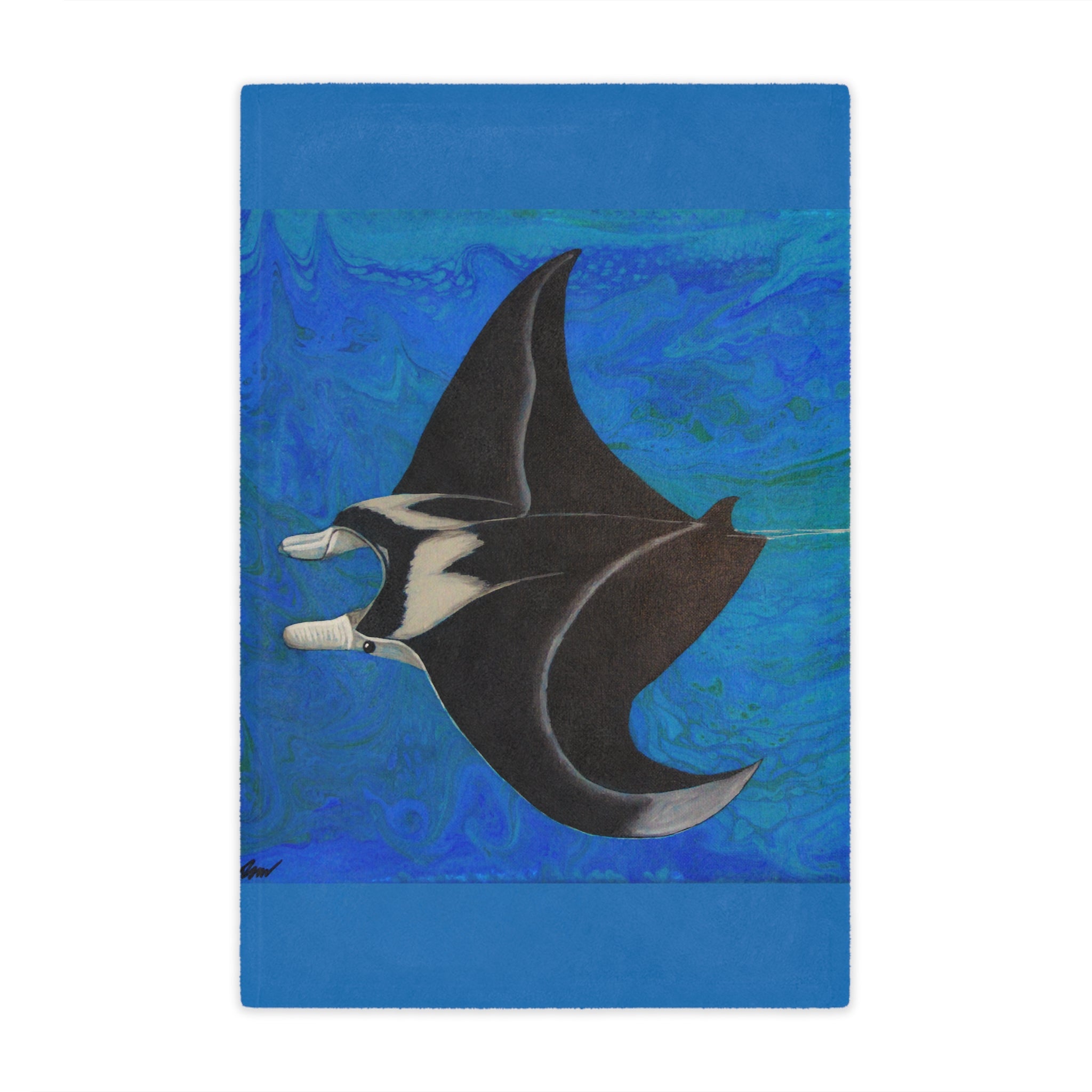 Blanket with a manta ray illustration on a blue watercolor background
