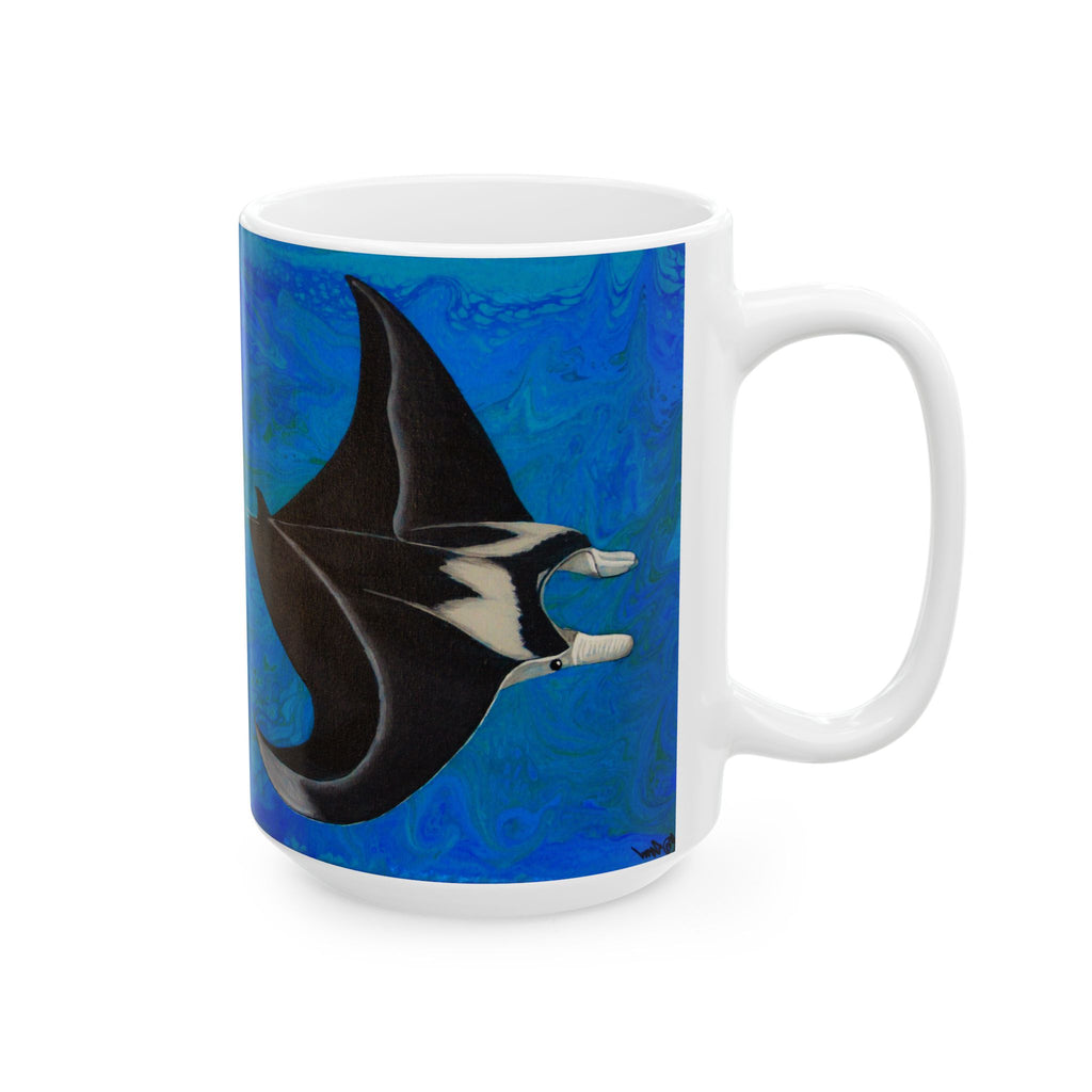 Mug with a manta ray design on a blue background