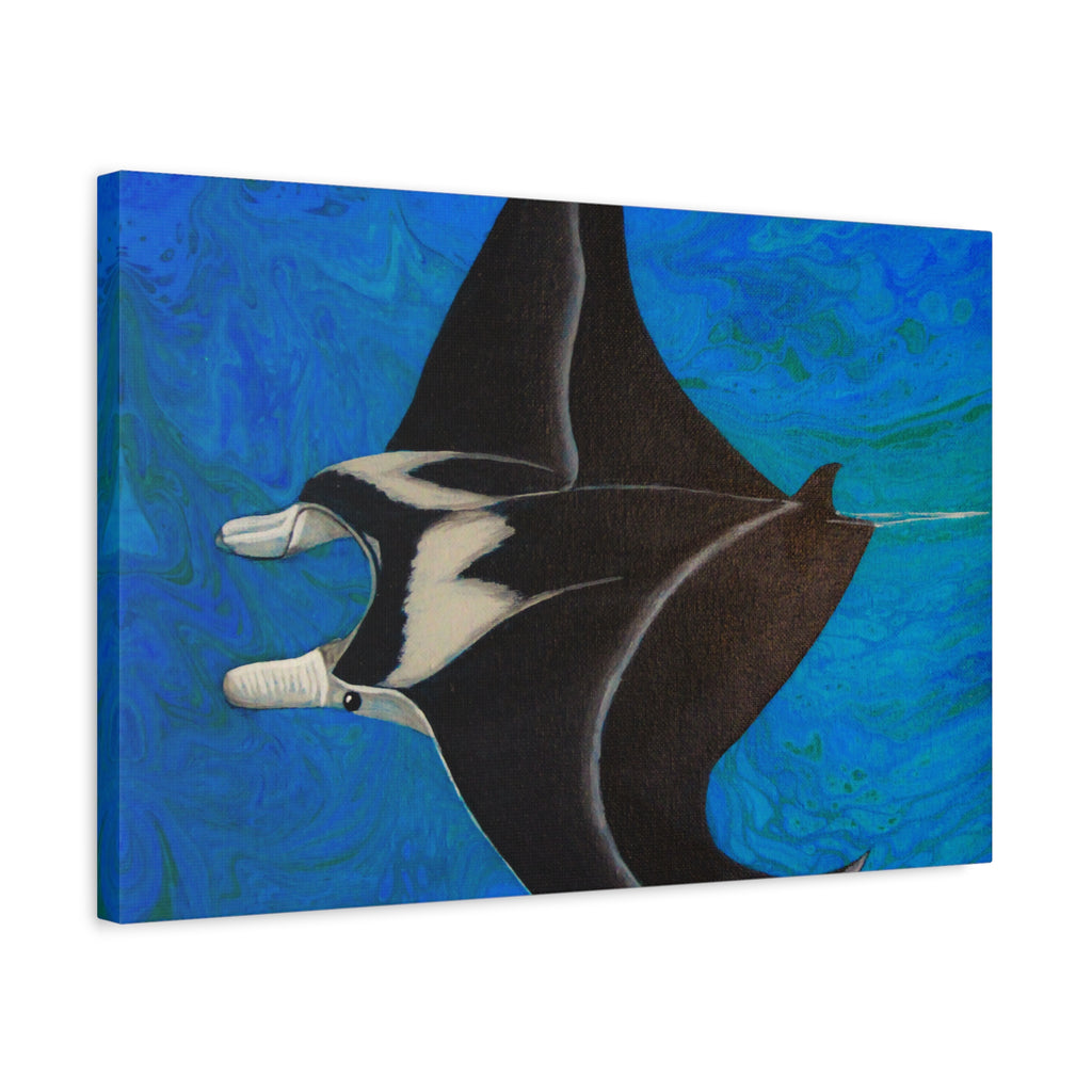 Canvas print of a manta ray against a blue underwater background