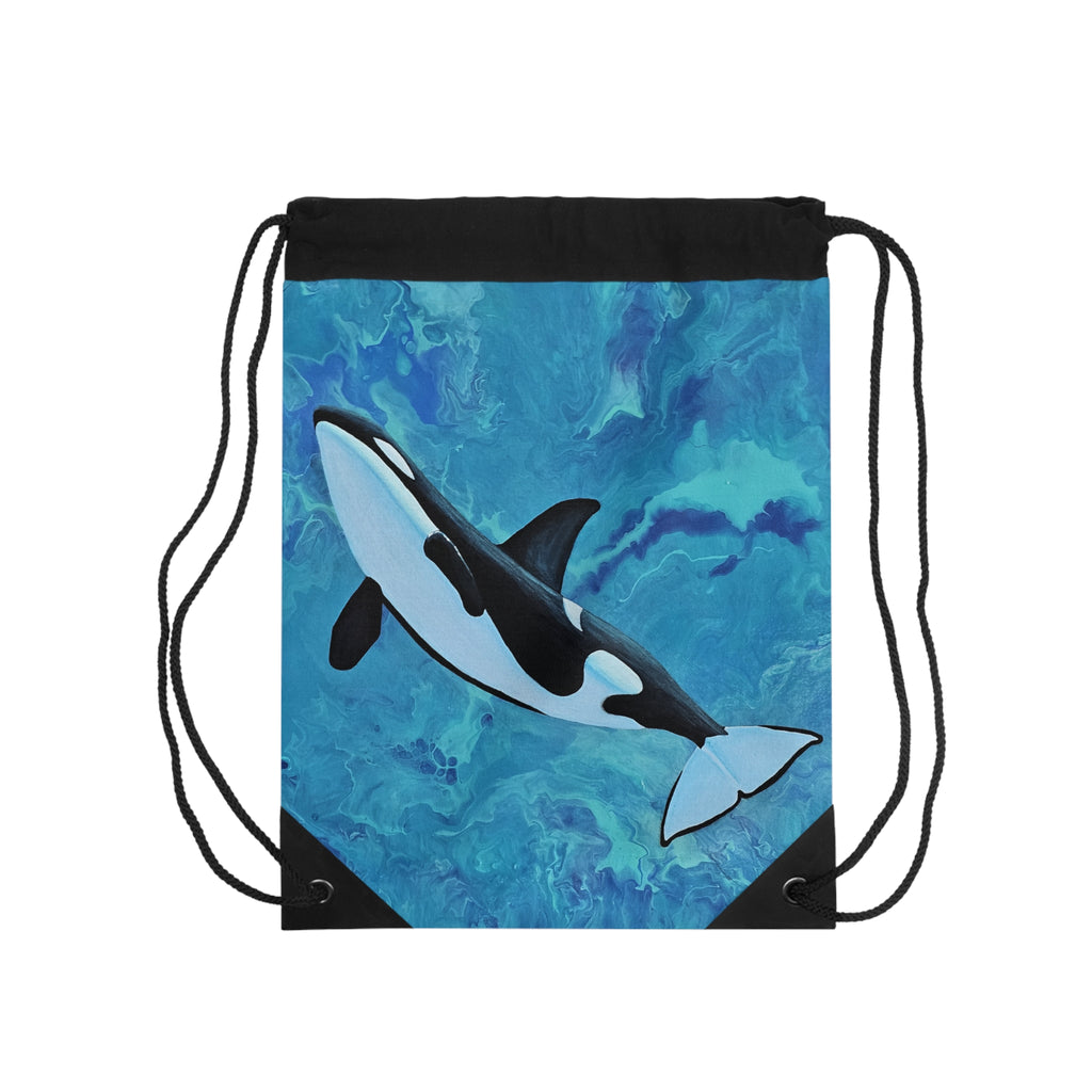 Drawstring bag with an orca whale design on a blue watercolor background