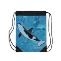 Drawstring bag with an orca whale design on a blue watercolor background