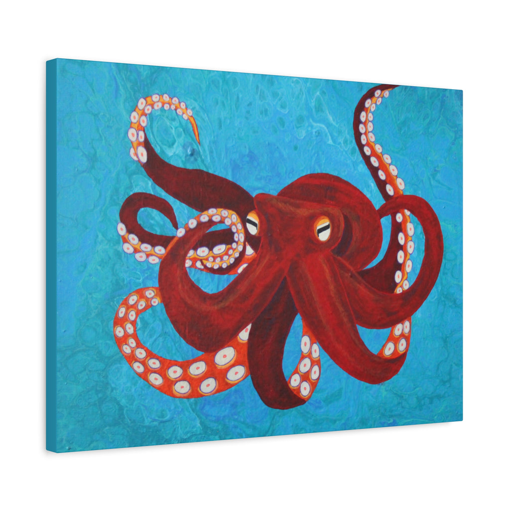 Canvas print of a red octopus on a blue background