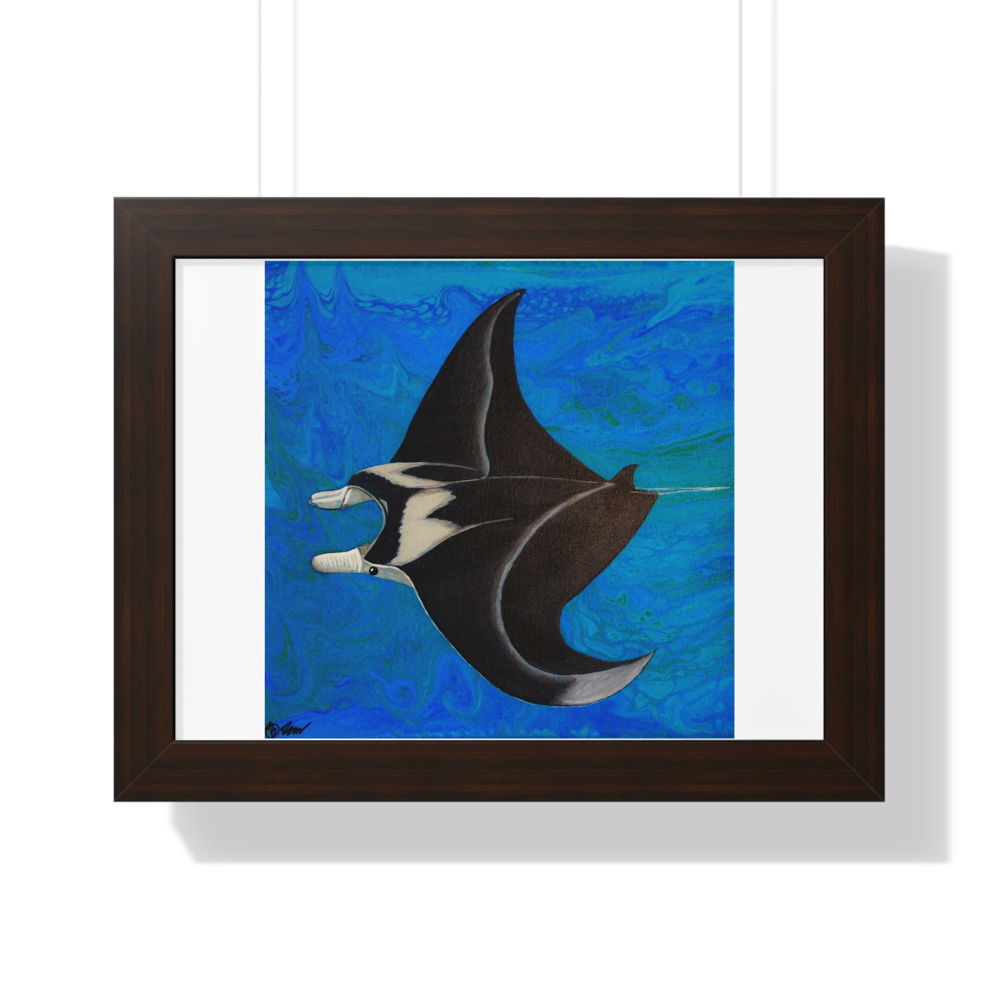 Framed artwork of a manta ray on a blue background