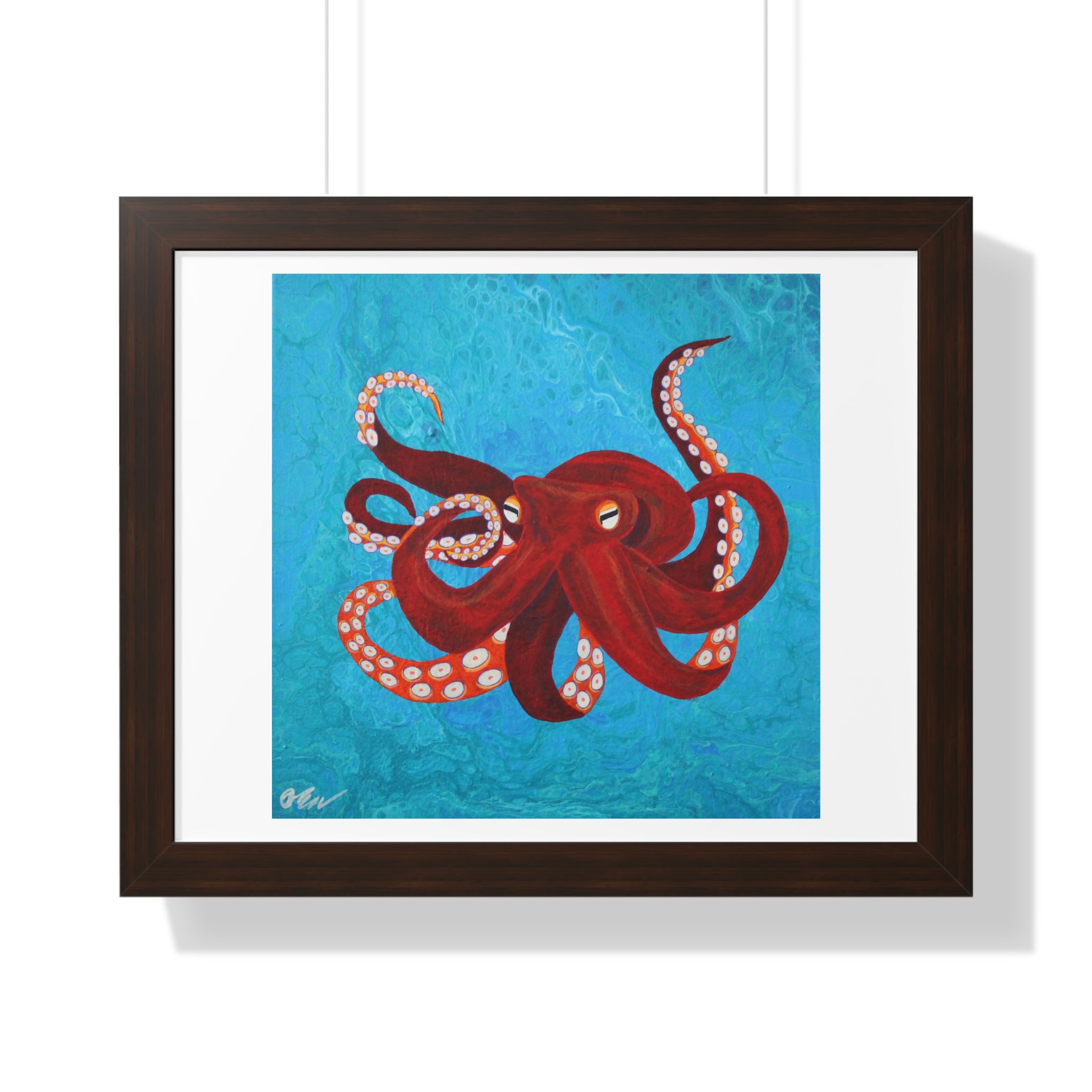 Framed artwork of a red octopus on a blue background