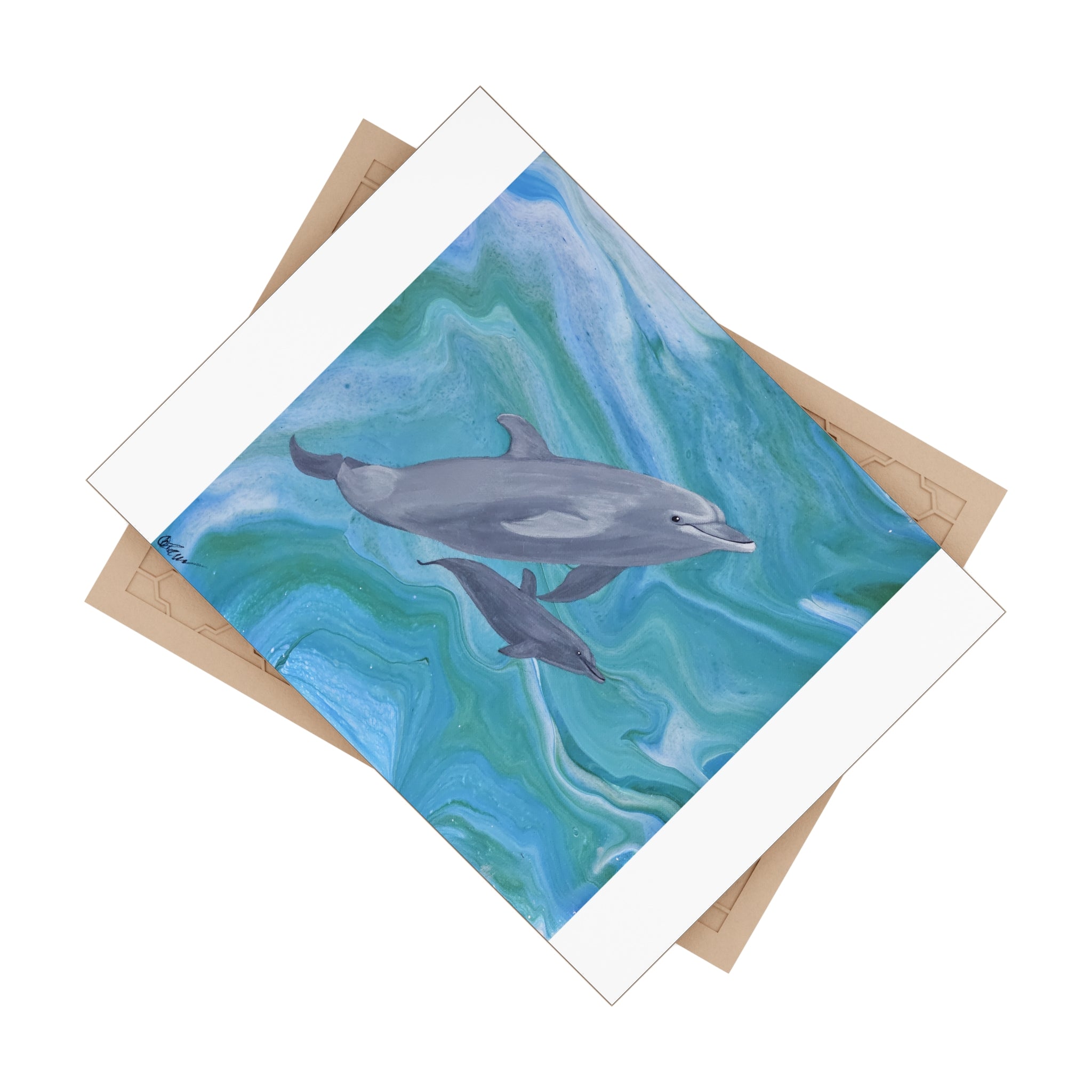 Tile with dolphins on a blue and green abstract background and beige backing