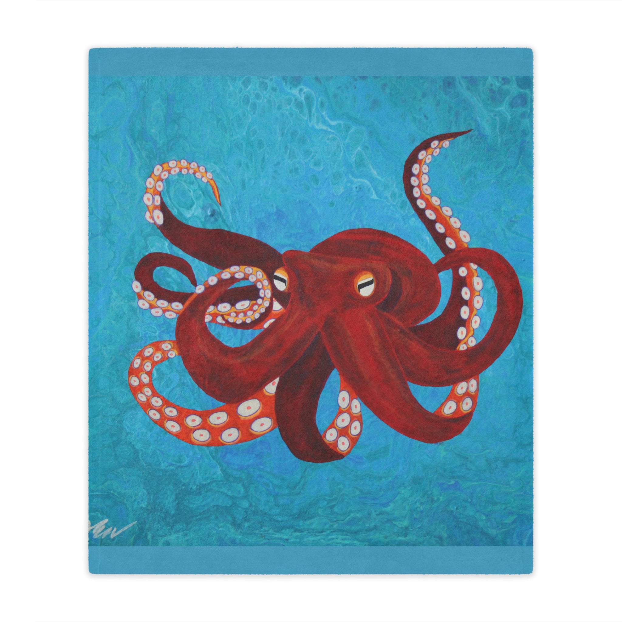 Blanket of a red octopus on a blue textured background