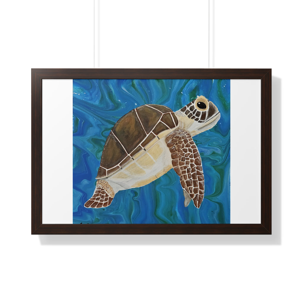 Framed artwork of a turtle on a blue and white background