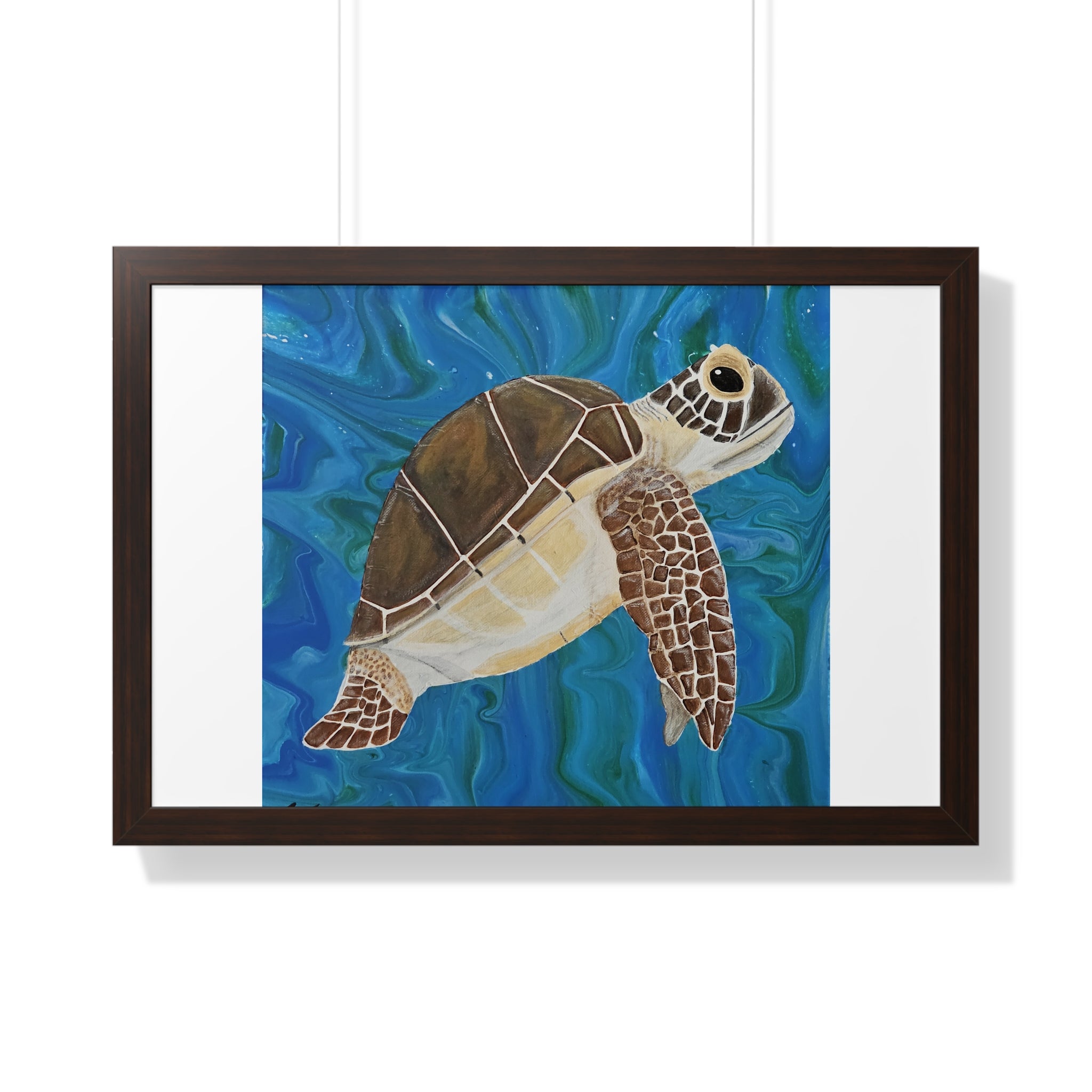 Framed artwork of a turtle on a blue and white background