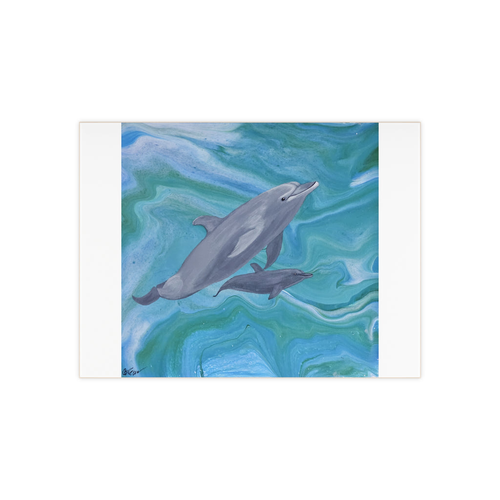 Painting of two dolphins on a blue and green abstract background tile