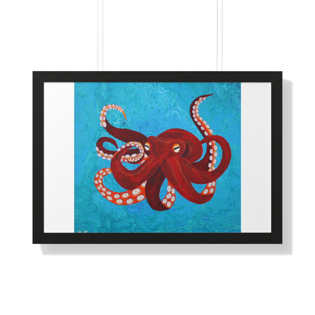 Framed artwork of a red octopus on a blue background