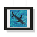 Framed artwork of a shark swimming underwater with blue and green hues.