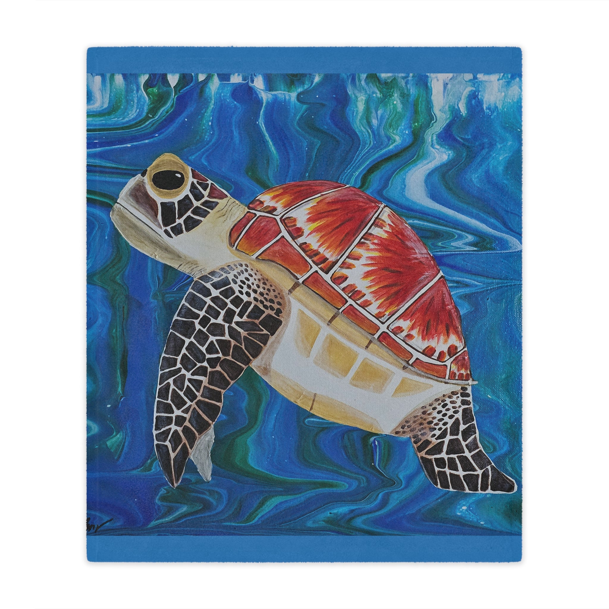 Blanket of a turtle with a colorful shell on a blue watercolor background