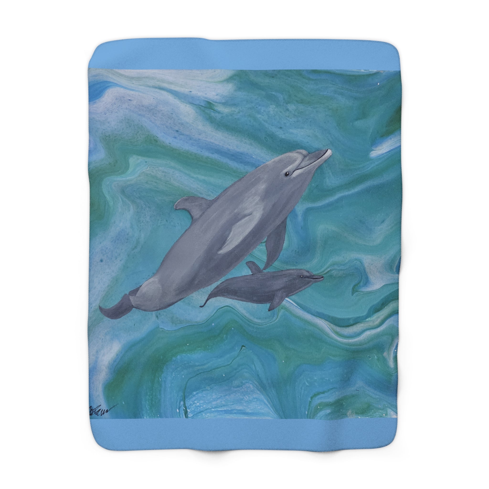 Fleece blanket with dolphins on a blue and green abstract pattern
