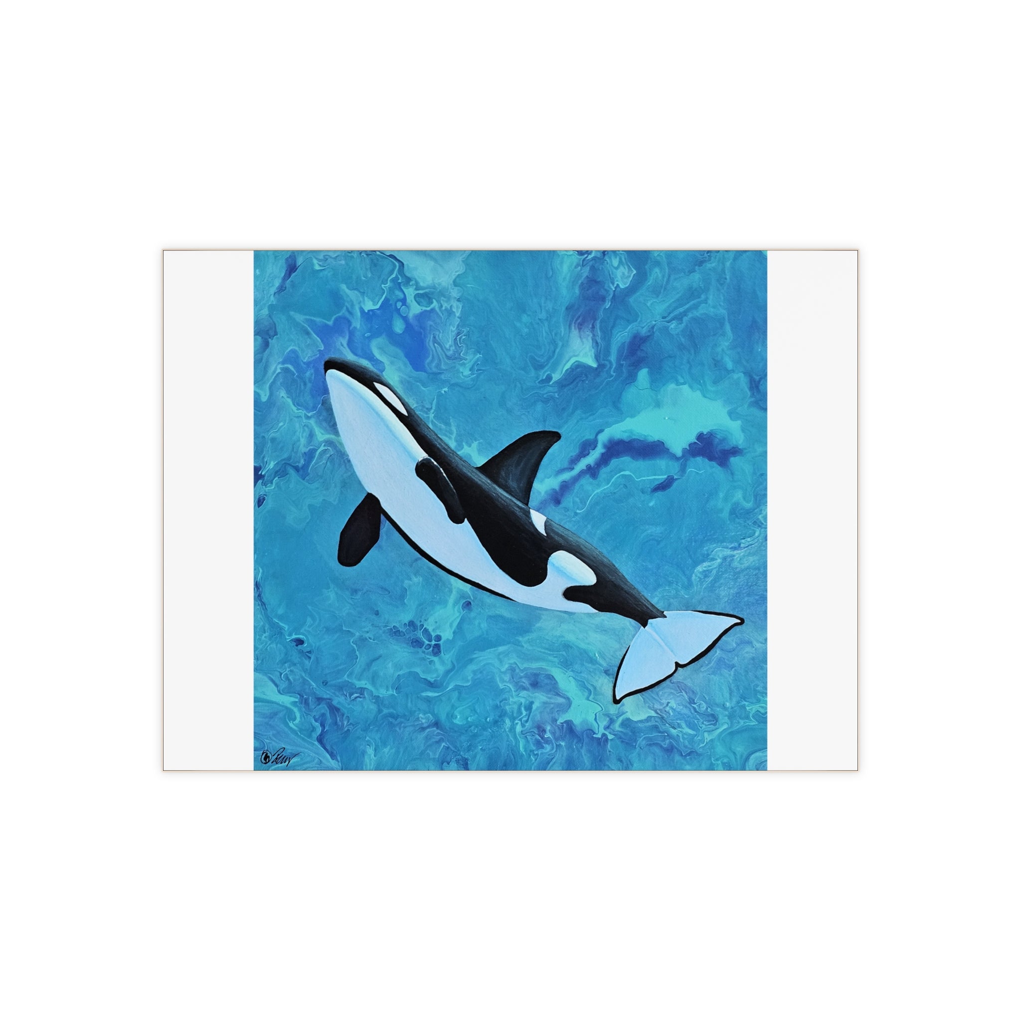Orca whale illustration on a blue abstract background tile
