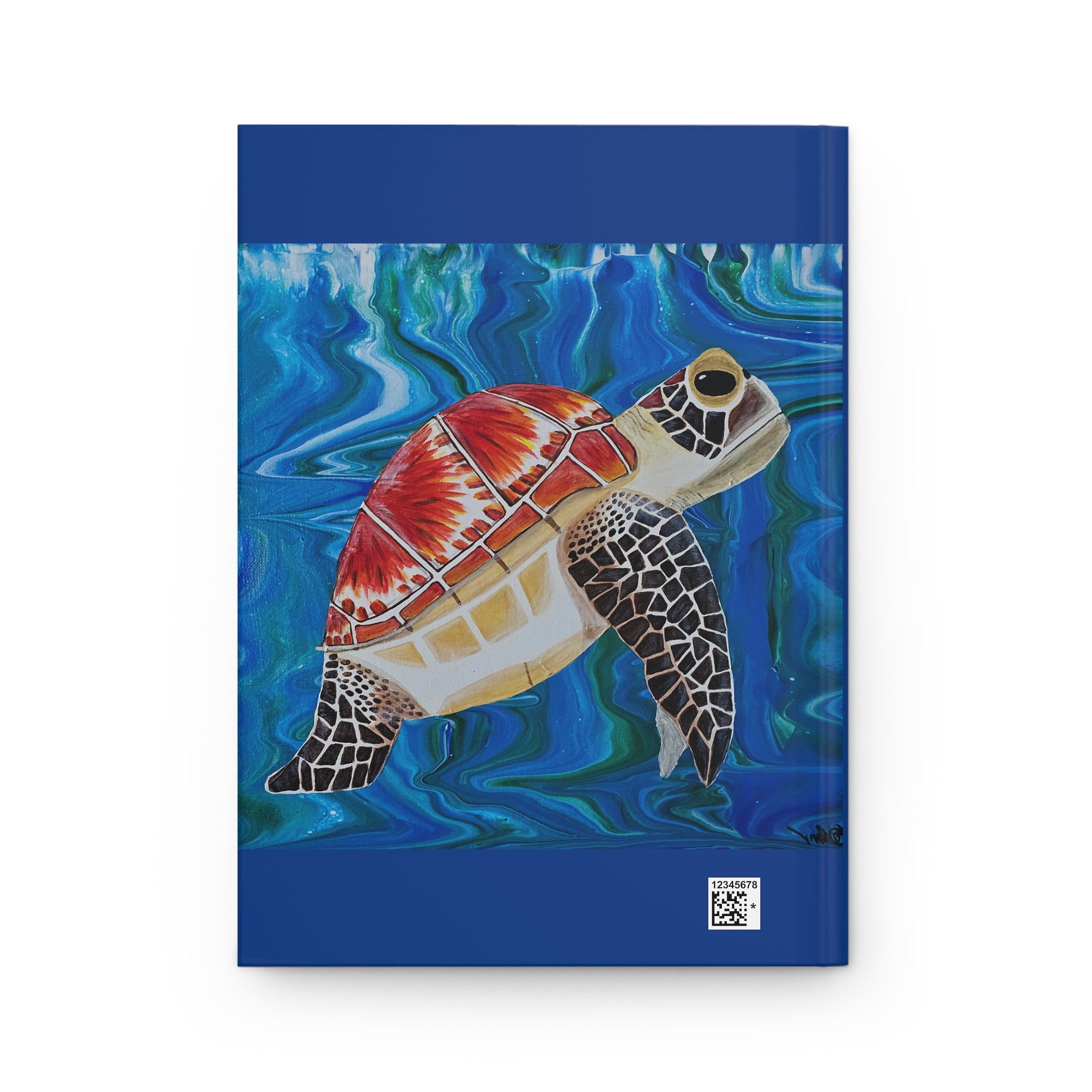 Notebook with a turtle illustration on a blue watercolor background