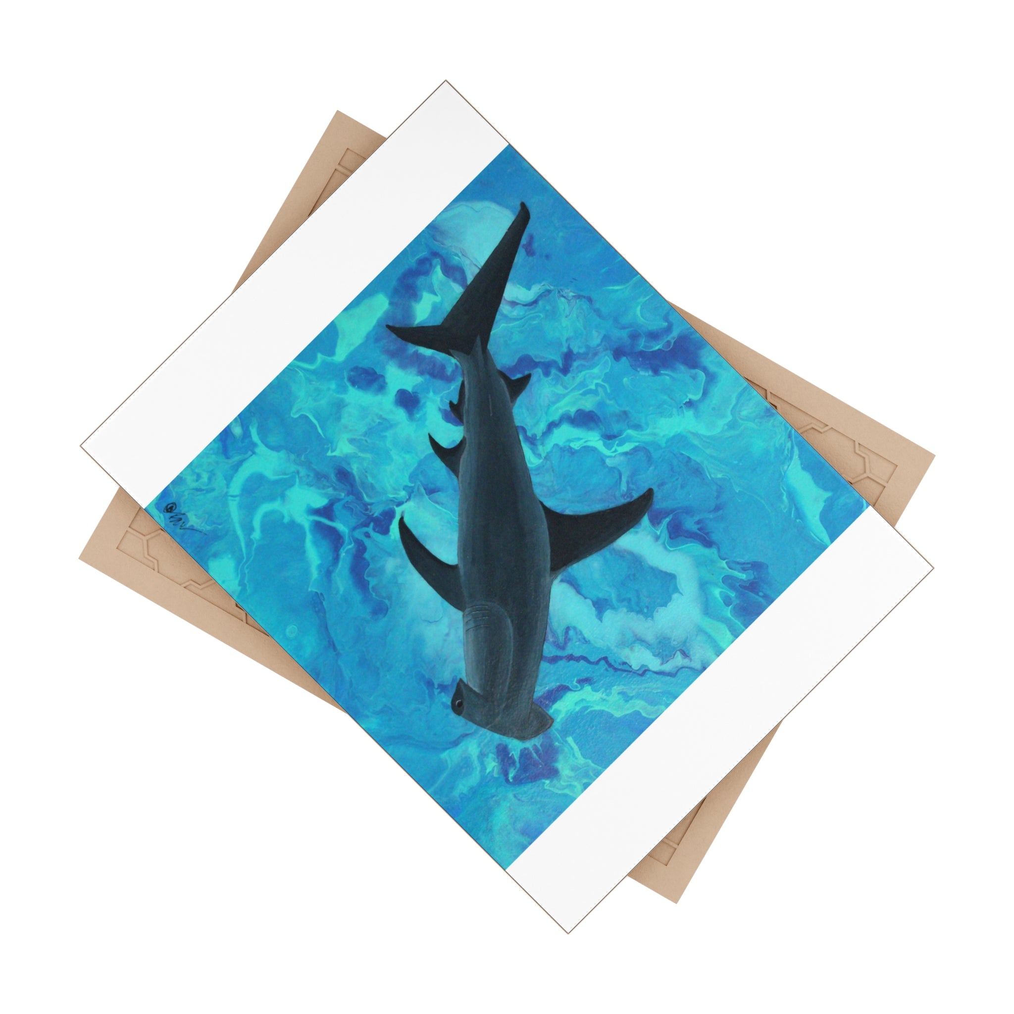 Tile with a shark illustration on a blue watercolor background with beige backing