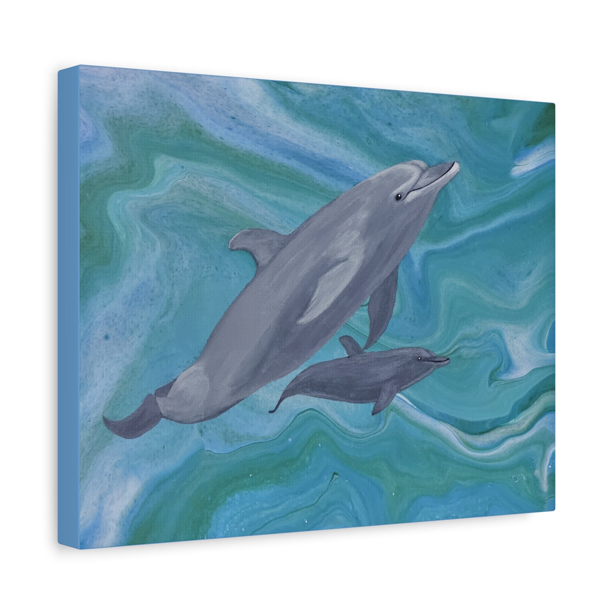 Canvas print with two dolphins on a blue and green abstract background