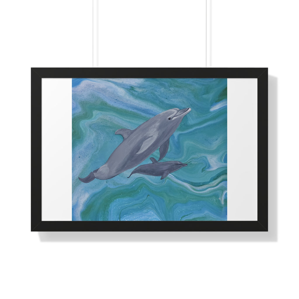 Framed artwork of two dolphins swimming in wavy blue water on a white background