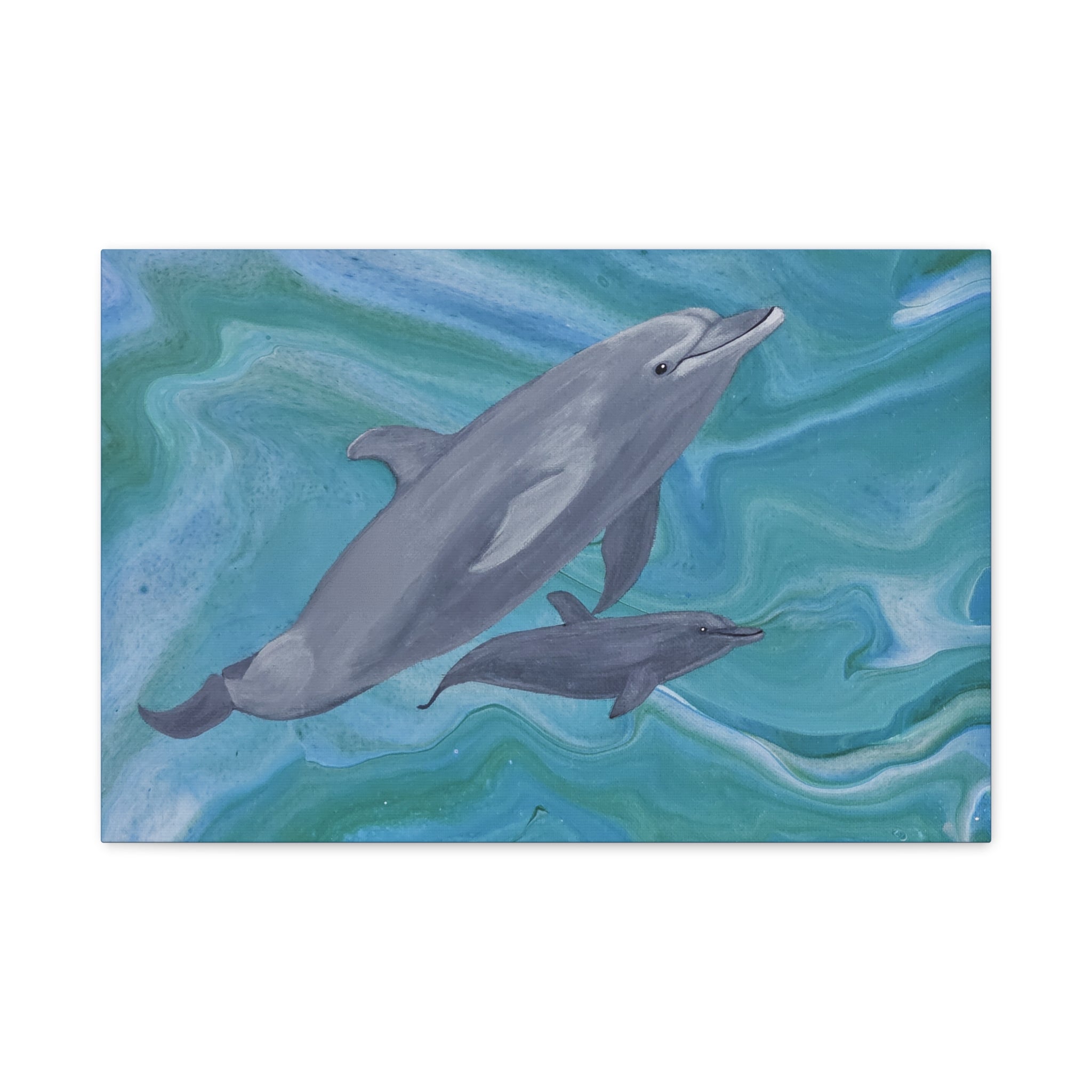Two dolphins swimming in water with a blue and green gradient background