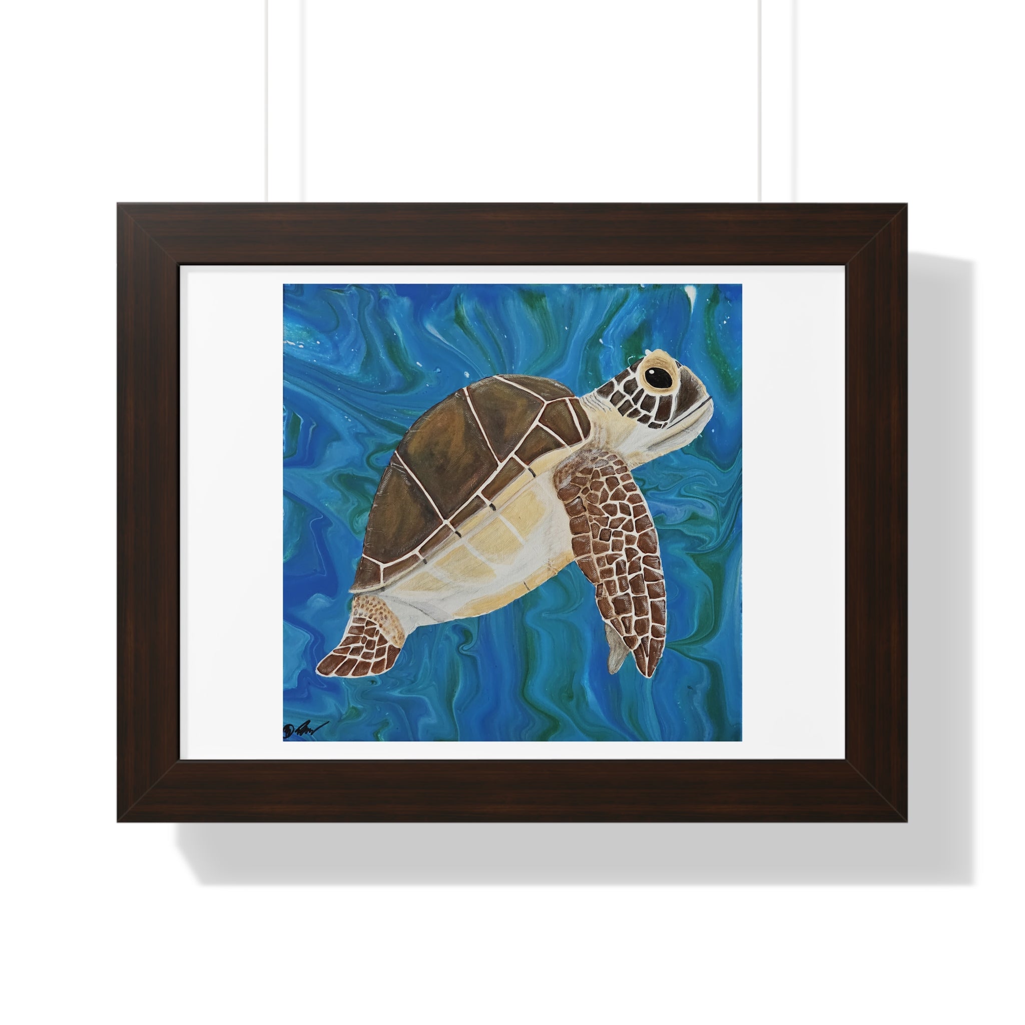 Framed artwork of a turtle swimming in water with a white background