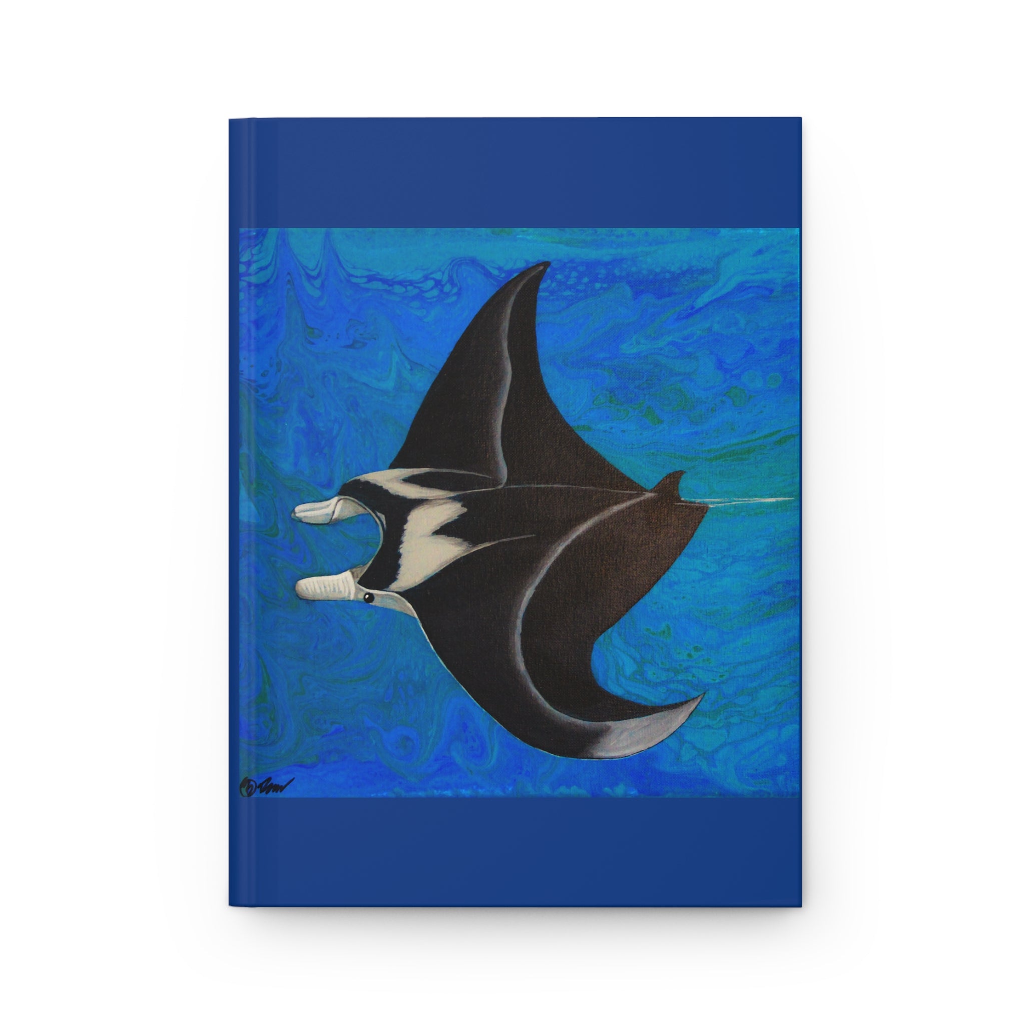 Notebook with a manta ray design on a blue abstract background