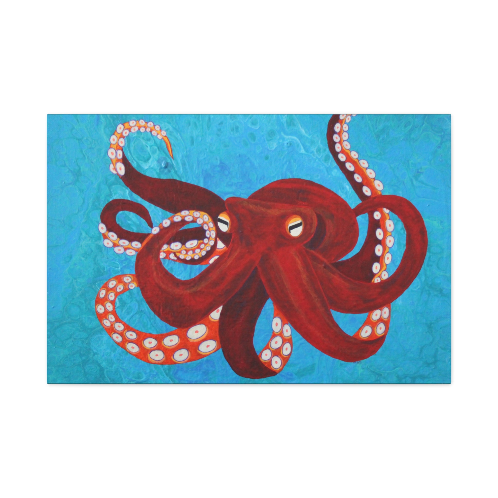 Red octopus illustration on a blue textured background