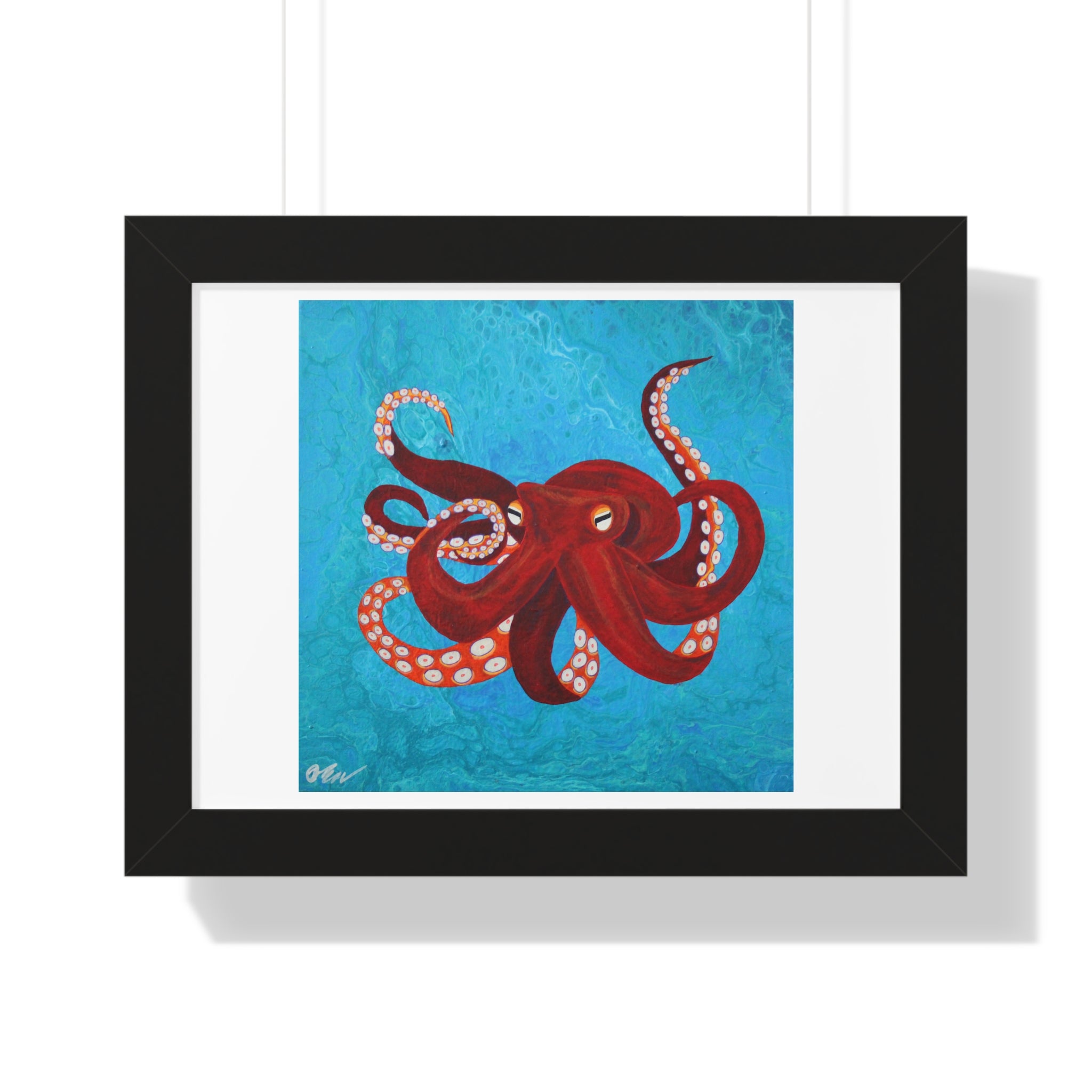 Framed artwork of a red octopus on a blue background