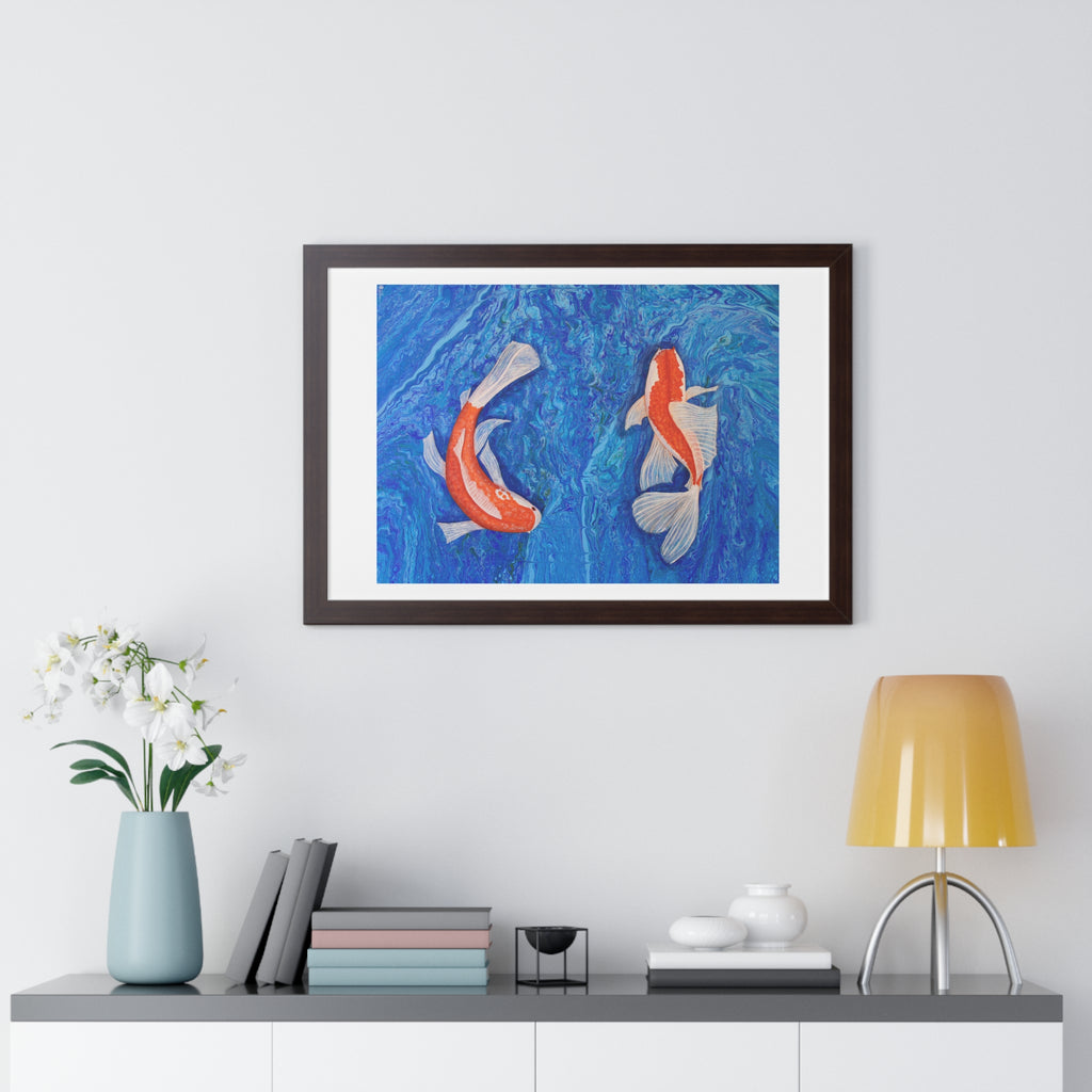 Framed artwork of two koi fish on a blue background, displayed on a wall above a shelf with decor items.