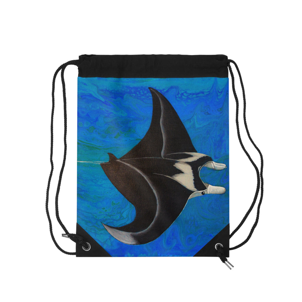Drawstring bag with manta ray design on a blue background