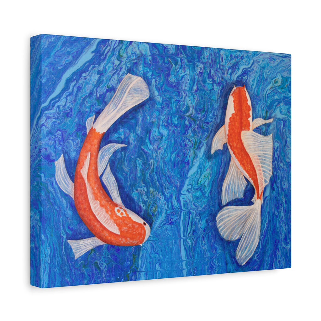 Canvas print with two koi fish on a blue abstract background