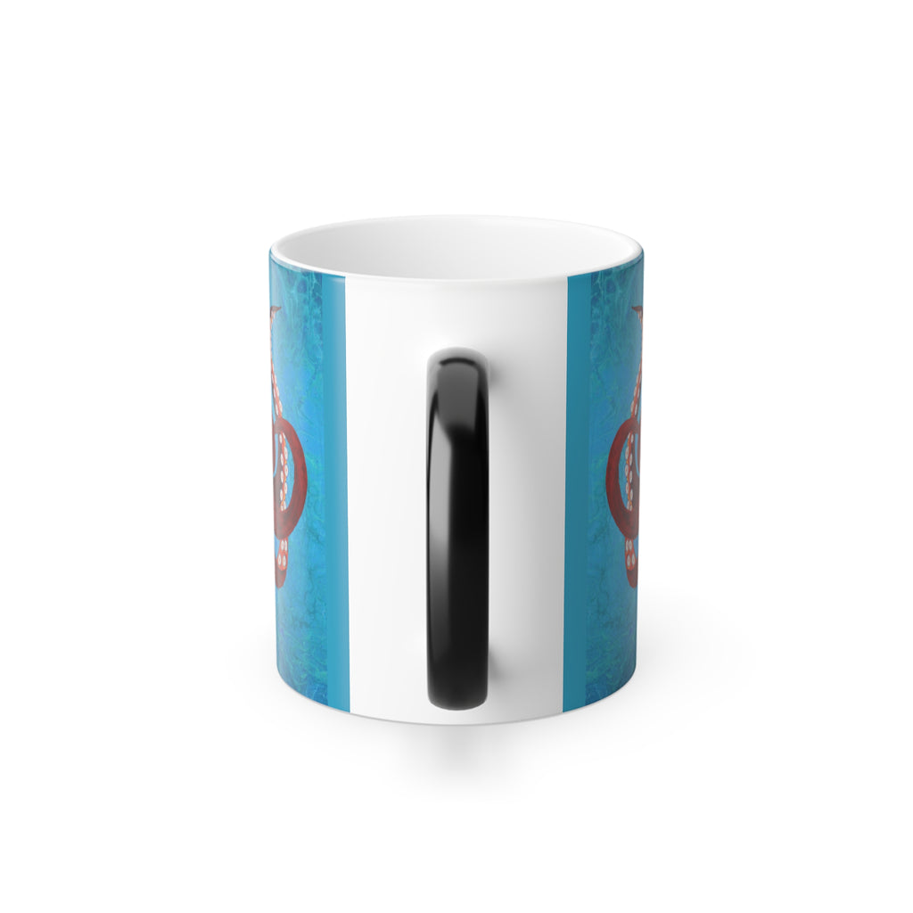 White mug with blue stripes and a black handle on a white background