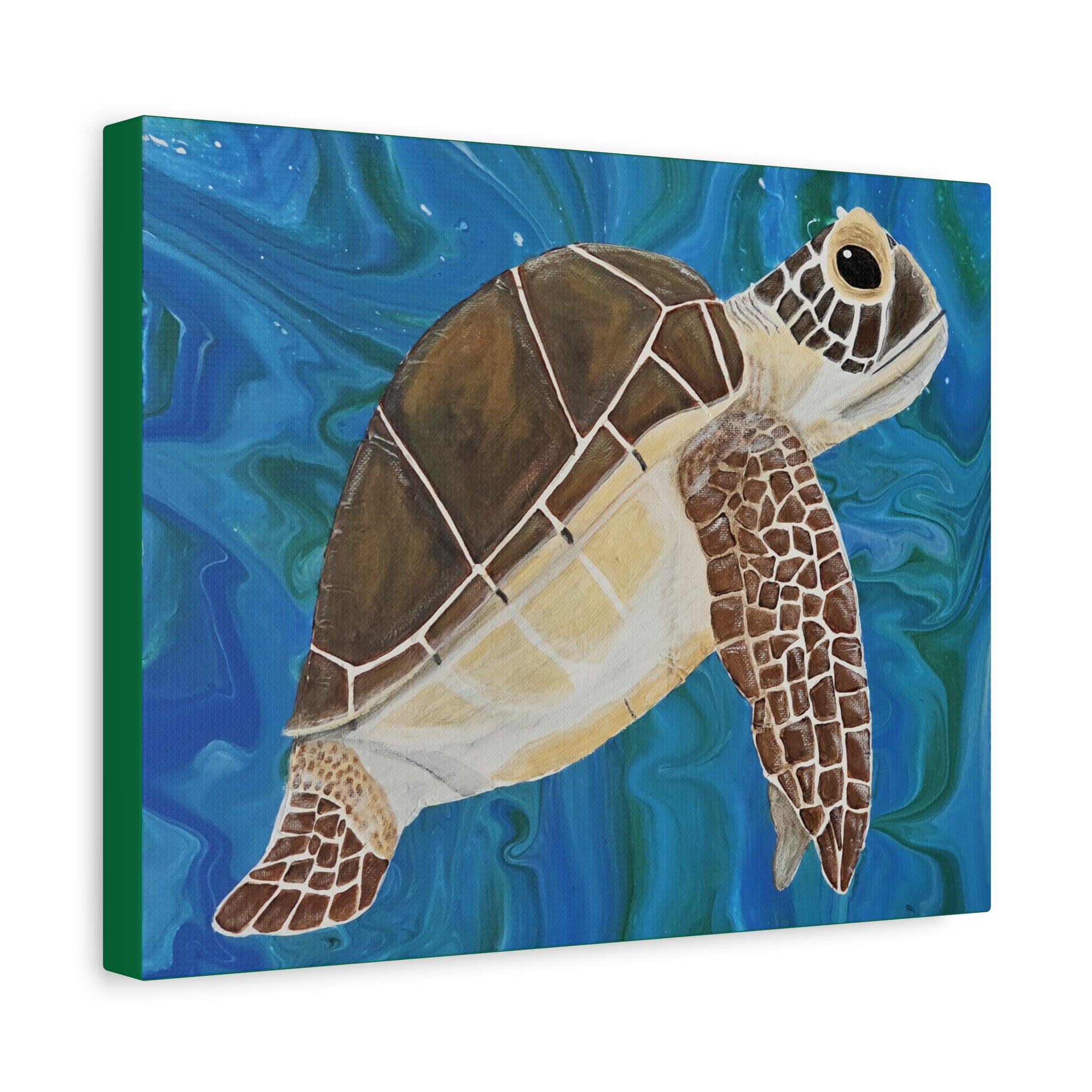 Canvas print of a turtle on a blue and green abstract background