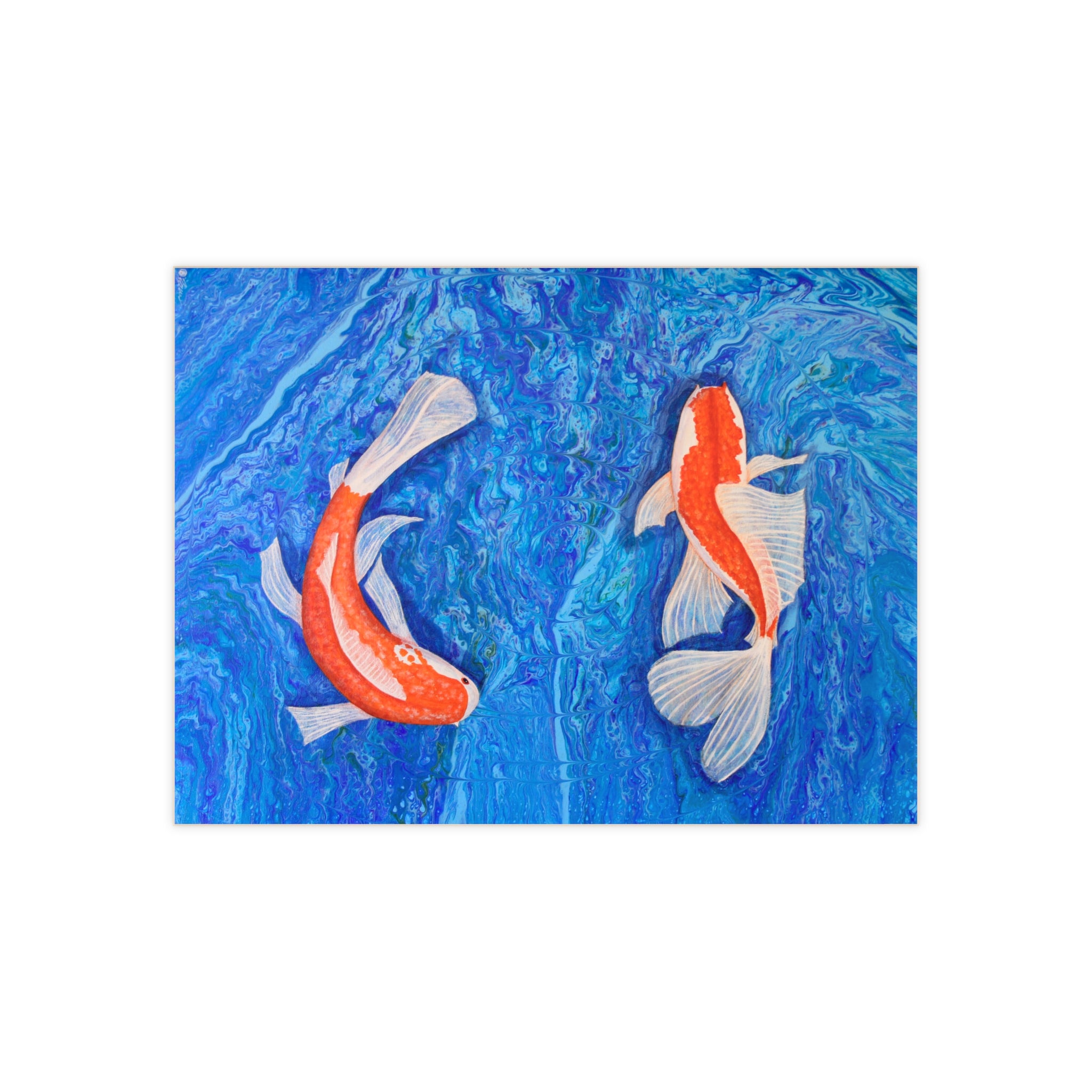 Two koi fish swimming in blue water on a white background tile