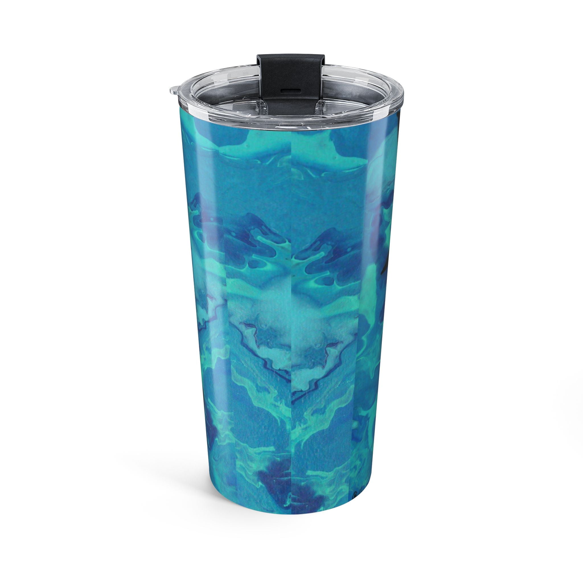 Blue and green patterned tumbler with a clear lid on a white background