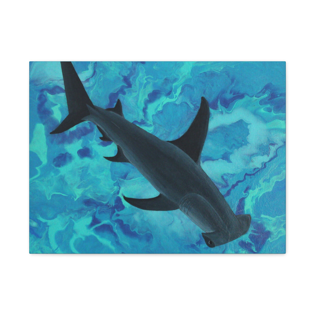 Shark swimming against a blue and green abstract background